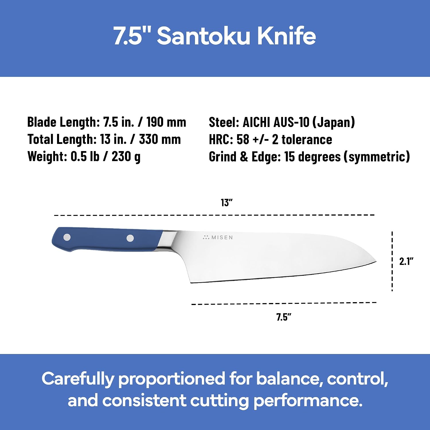 Misen Japanese Santoku Chef Knife - 8 Inch High Carbon Stainless Steel - Classic Japanese Knife Design for Cutting, Slicing, and Chopping - Razor Sharp Japanese Style Kitchen Knife, Blue